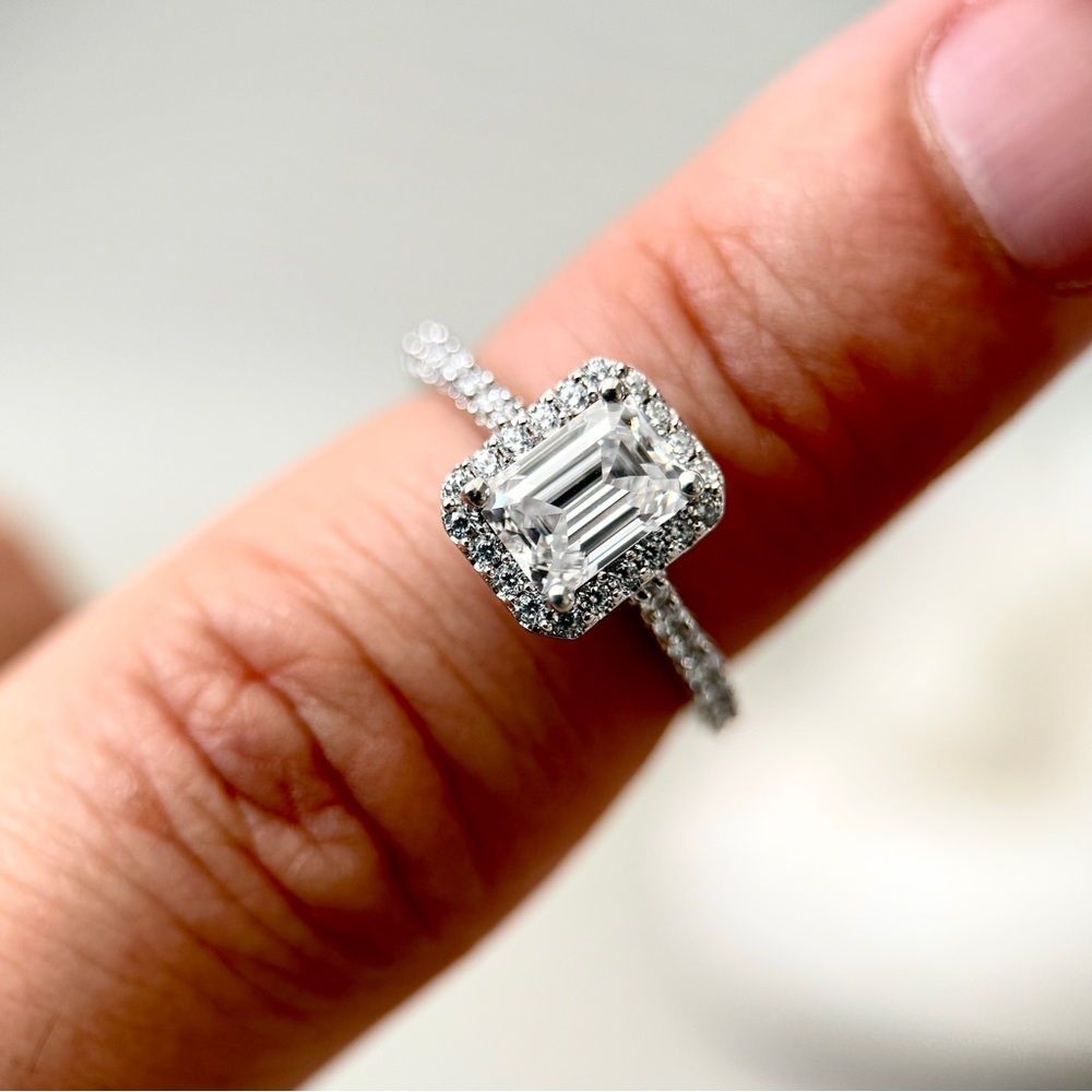 1.35ctw S925 Moissanite Emerald Cut Halo Engagement Ring 18K Gold Plate - Picture 8 of 9